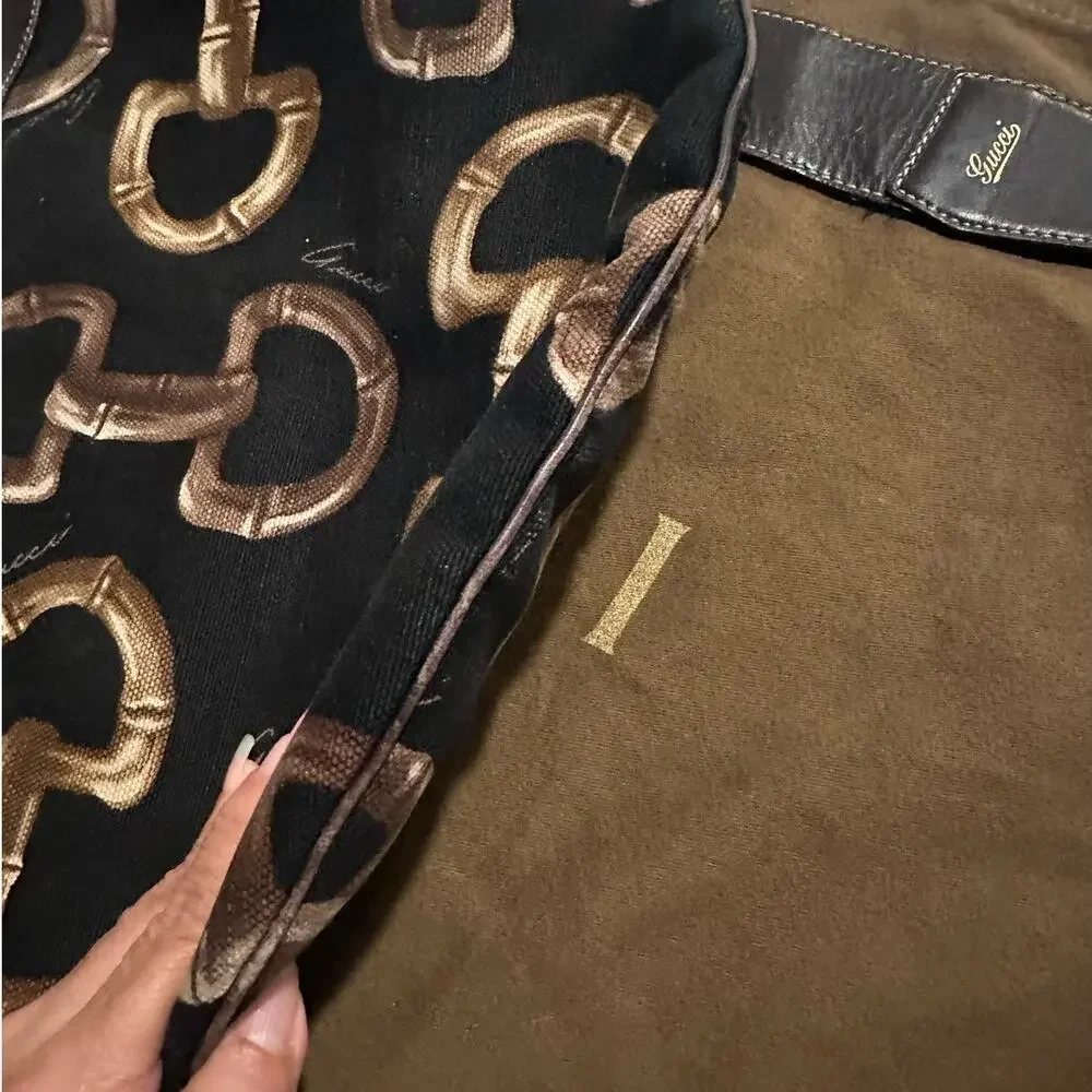 Rare vintage Gucci Half Moon bamboo Horsebit canvas & leather hobo brown black
